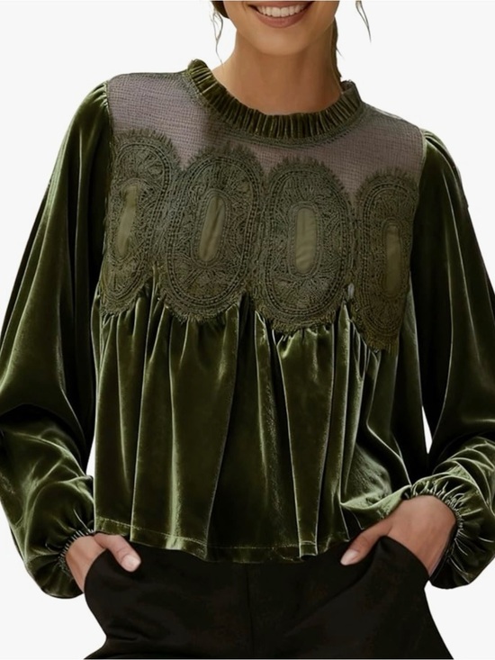 Tops - Olive Green Velvet Lace Yoke Blouse